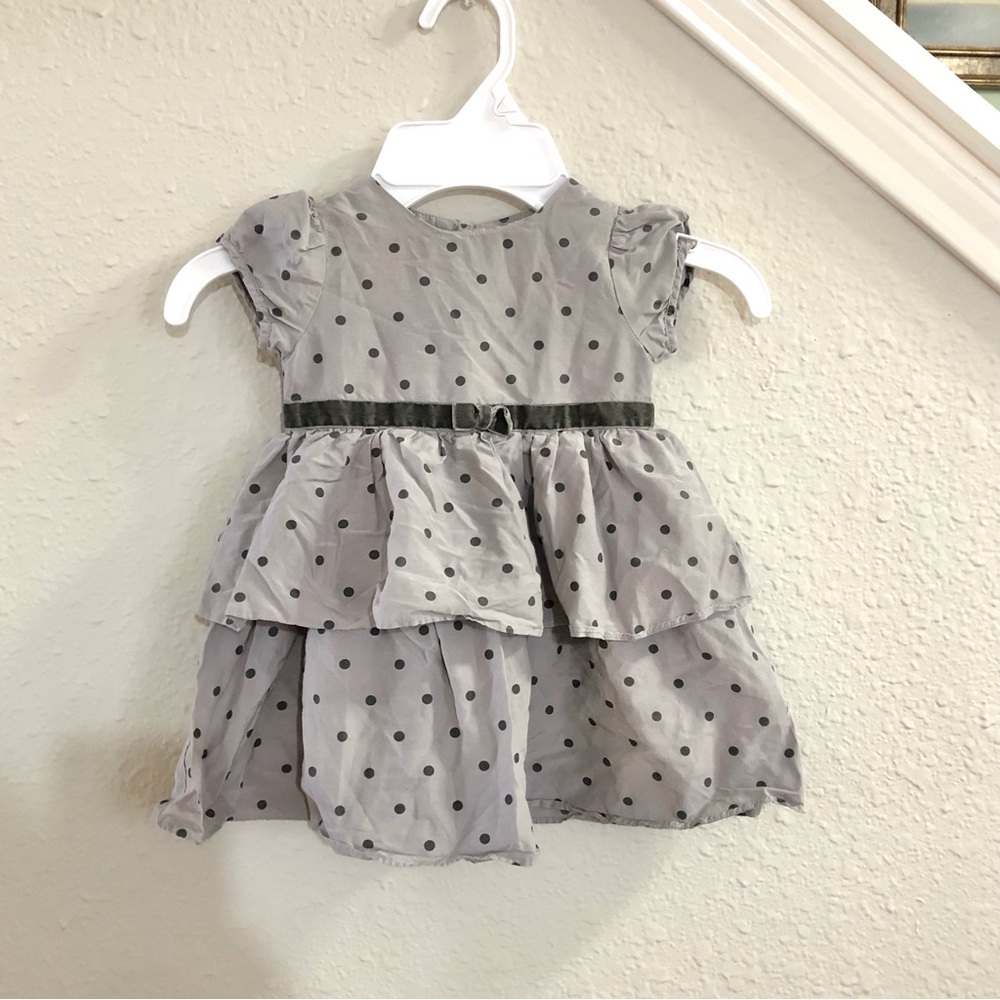 Jacadi baby girl dress polka dot holiday dress Sz 6M gray black tiered dress
